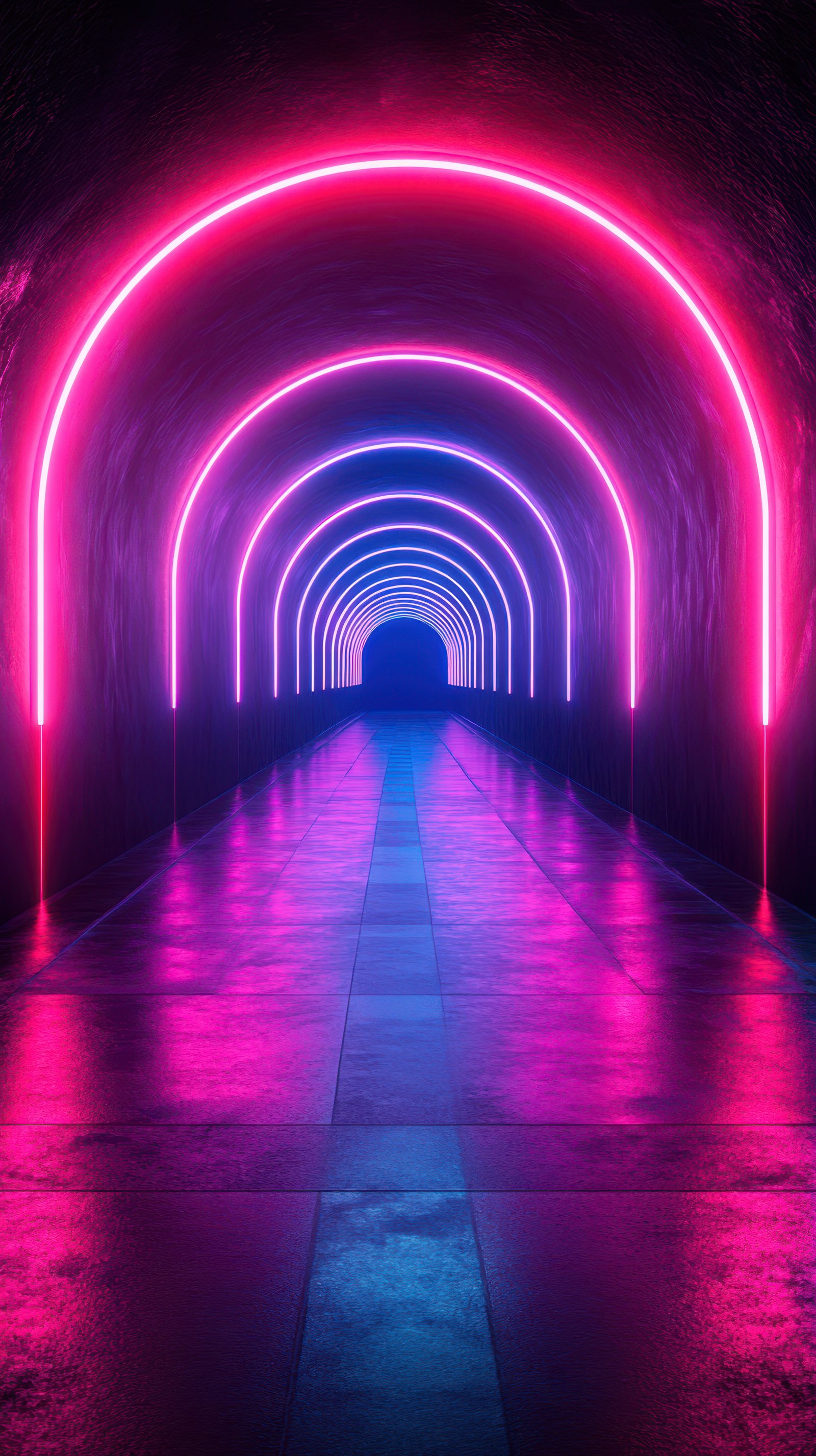 Colorful neon lighted tunnel showcases vibrant reflections and captivating designs in a modern urban setting